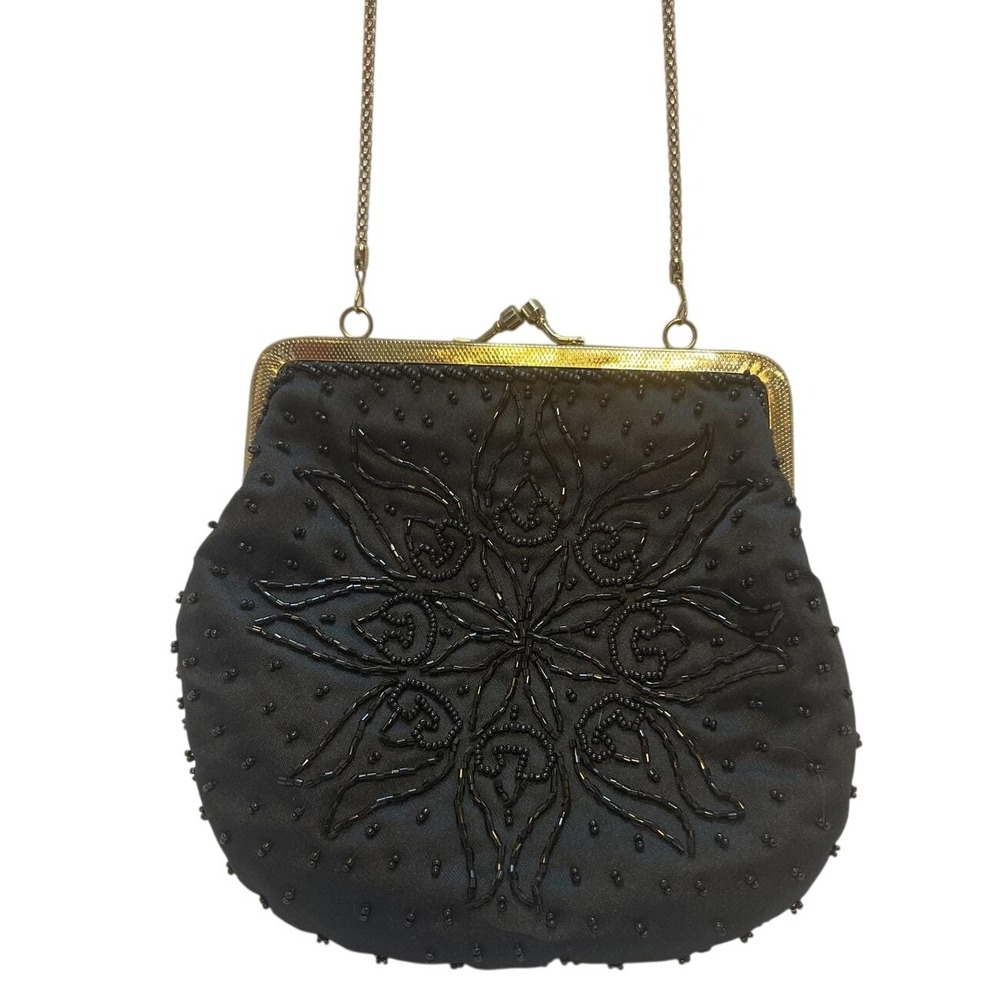 Vintage Style Black Beaded Satin Evening Bag Gold Chain Kiss Lock
